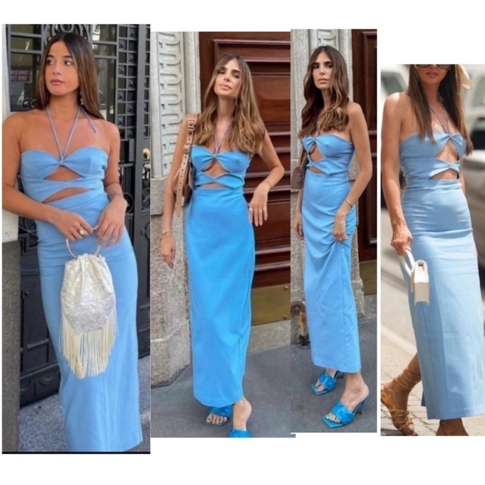 Zara Blogger Favorite Blue Cut-out Halter Top Bodycon Midi Dress Sz L - Picture 3 of 13